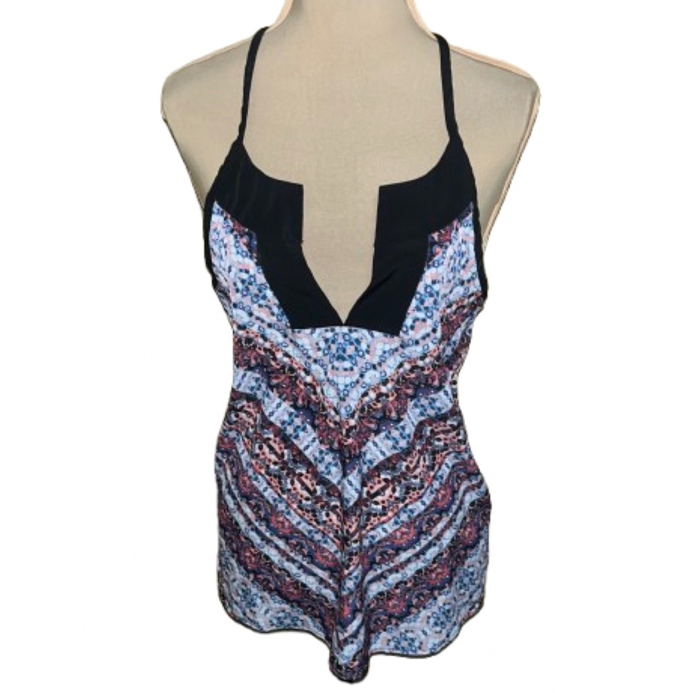 Athleta Multicolor Boho Halter Top with Geometric Pattern Size XXS Split Neck